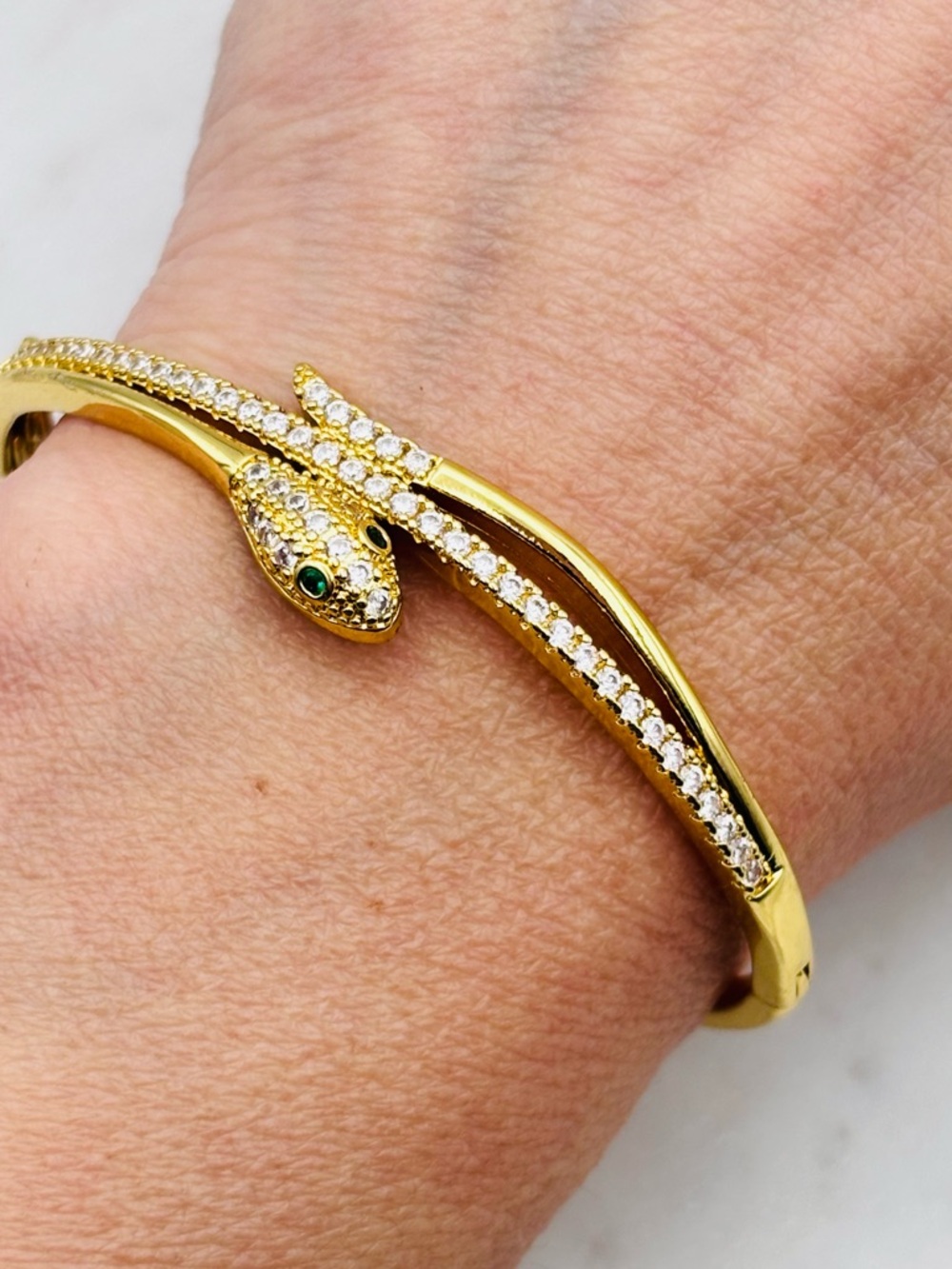 18Kt Gold Plated Snake Bangle Bracelet with Crystal Accents and Green Eyes size